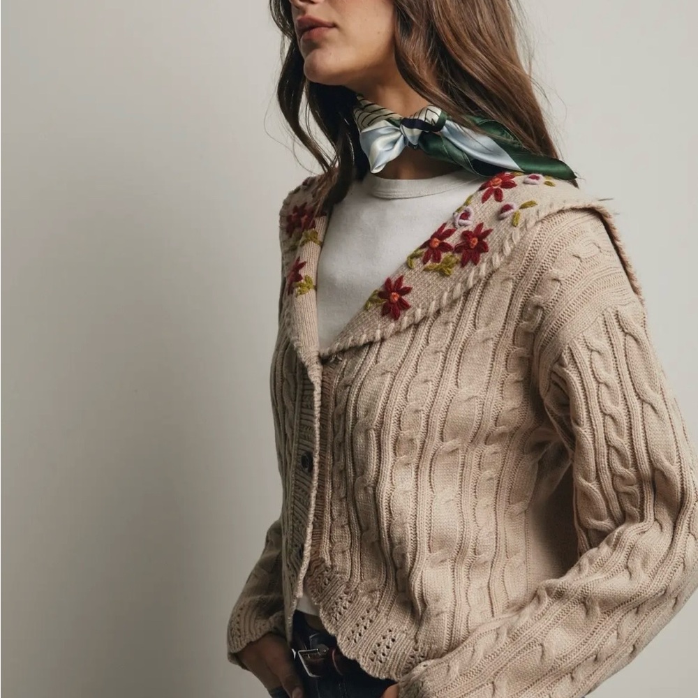 Forte Beige Cable-Knit Cardigan with Floral Embroidered Collar